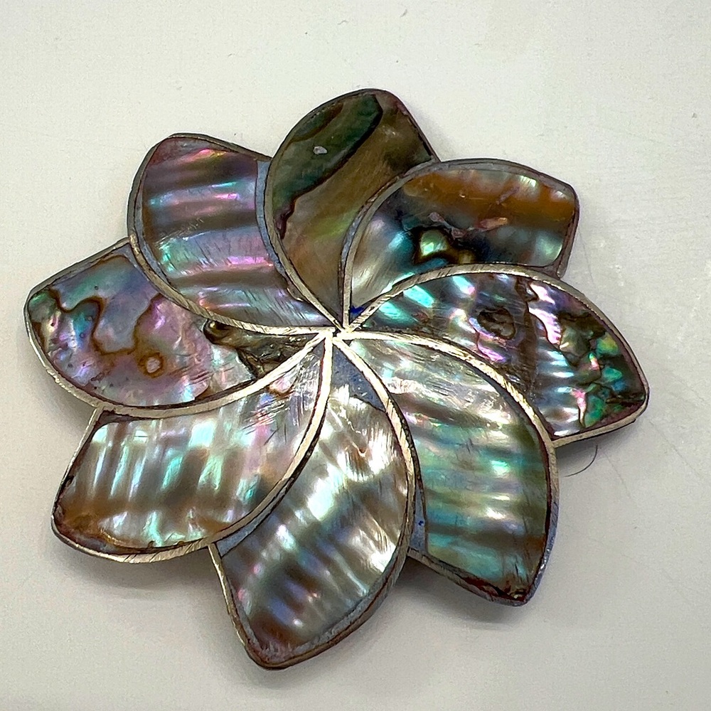 Abalone Sterling Silver Pendant Brooch Pin Inlaid Flower Alpaca Silver Mexico